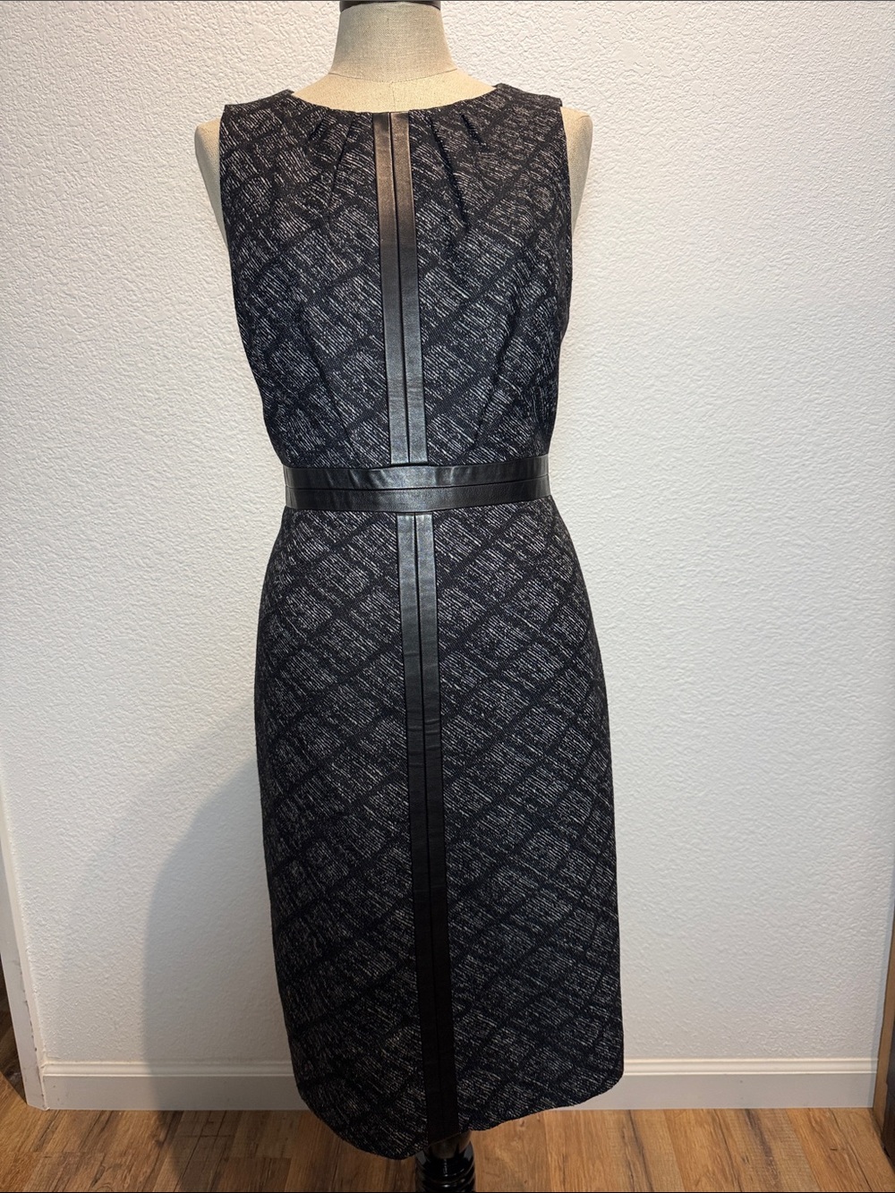 Sleeveless Black Textured Midi Dress with Leather Trim